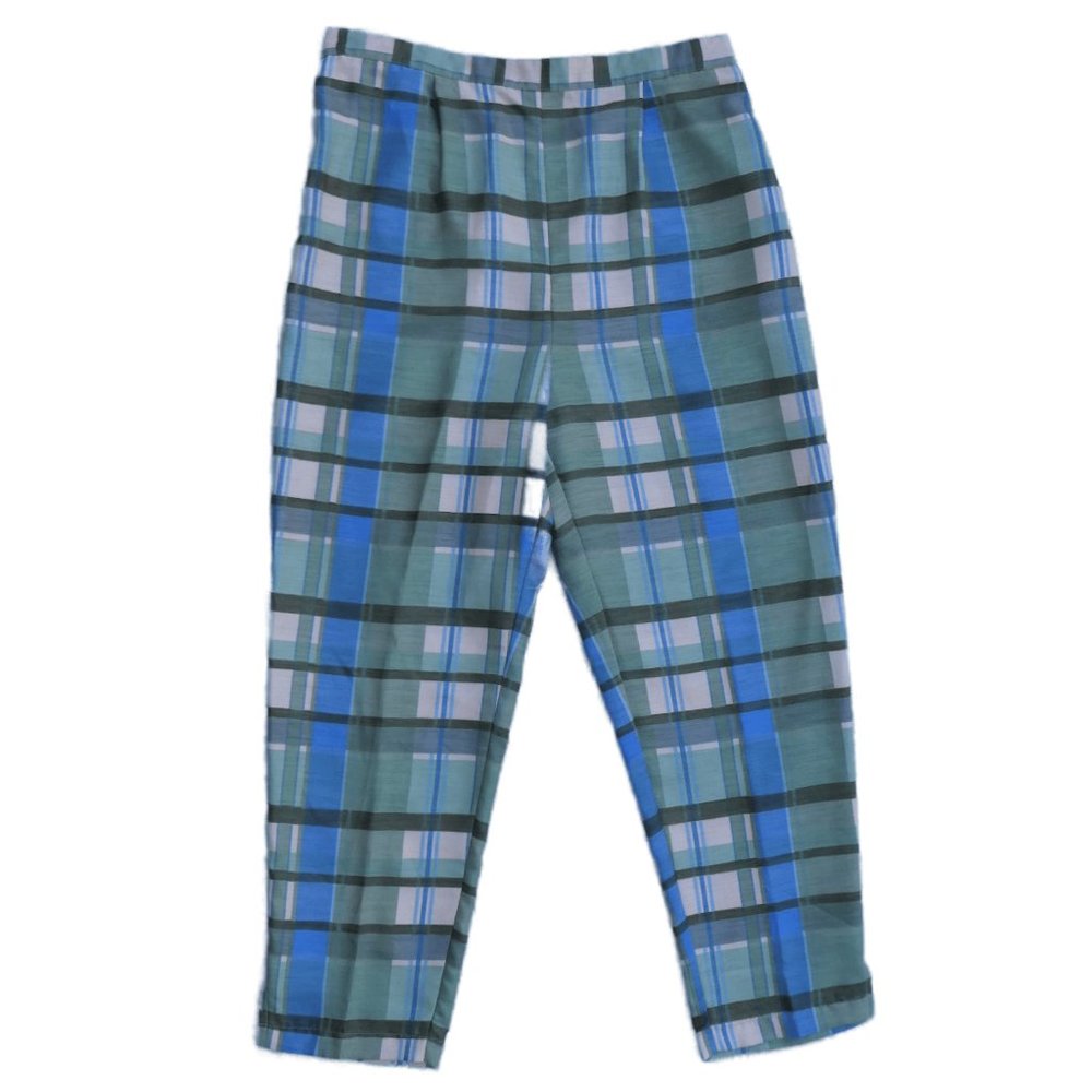 Vintage Pants Slack Pull On Elastic Waist Green Blue Plaid Side Zip Pockets XL